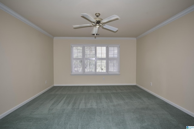 unfurnished room with carpet, ceiling fan, and ornamental molding