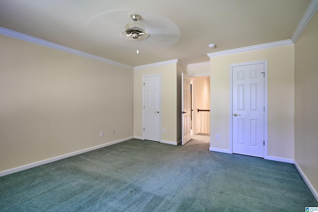 unfurnished bedroom with dark carpet, ceiling fan, and ornamental molding