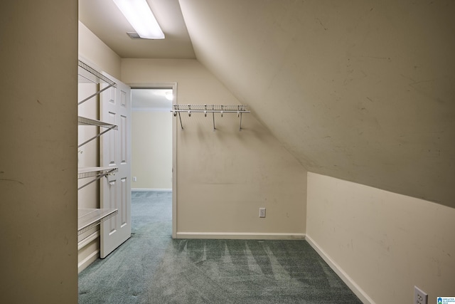 walk in closet featuring vaulted ceiling and dark colored carpet