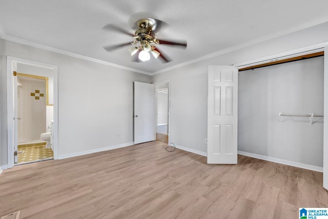 unfurnished bedroom with connected bathroom, ceiling fan, ornamental molding, and light wood-type flooring