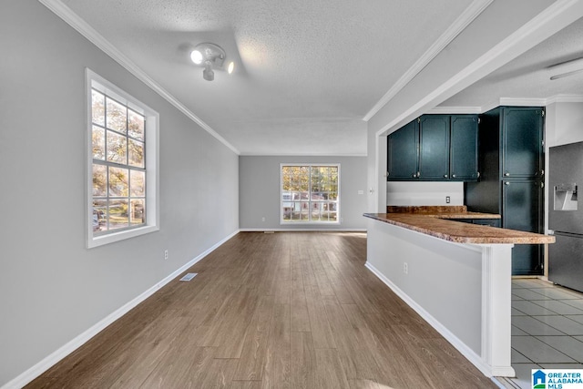 kitchen with ornamental molding, wood-type flooring, a textured ceiling, and fridge