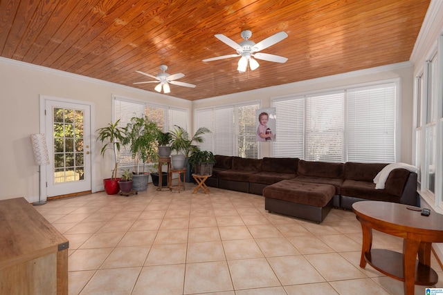 sunroom featuring ceiling fan and wood ceiling