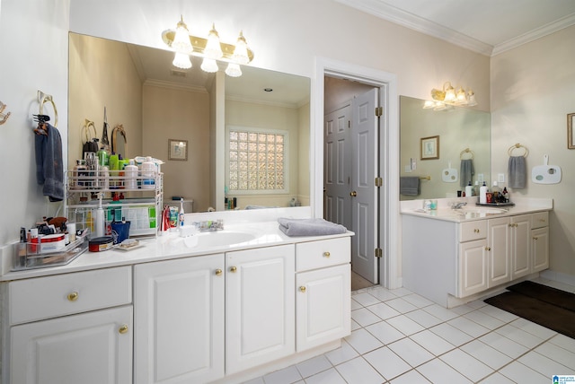 bathroom with tile patterned floors, vanity, and ornamental molding