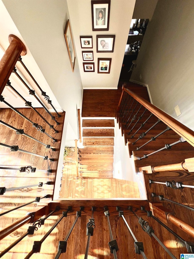 stairs featuring hardwood / wood-style flooring