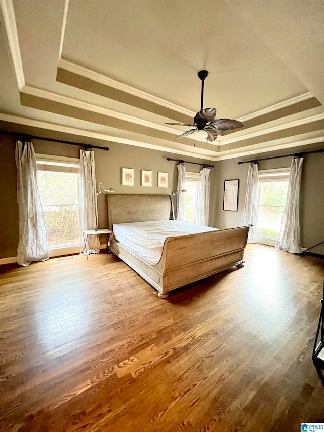 unfurnished bedroom with wood-type flooring, a tray ceiling, multiple windows, and ceiling fan