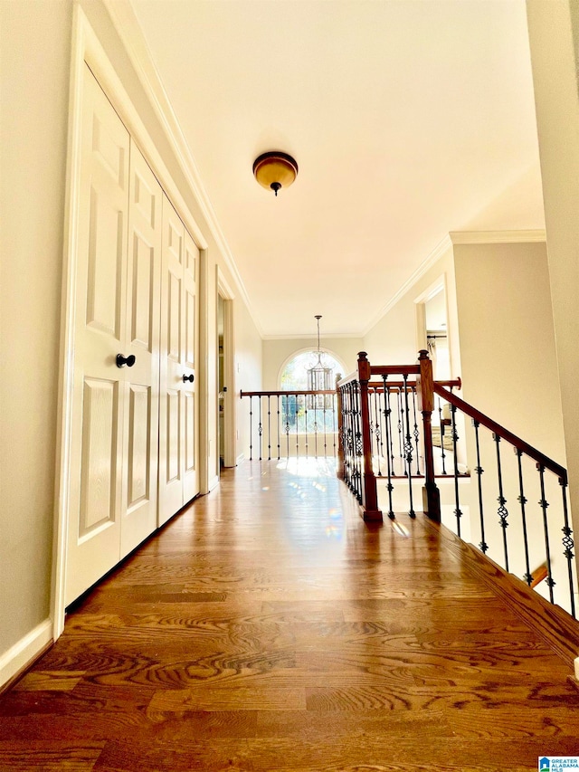 hall featuring hardwood / wood-style floors, crown molding, and a chandelier