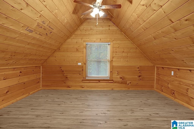 bonus room with hardwood / wood-style floors, lofted ceiling, wooden ceiling, and wooden walls