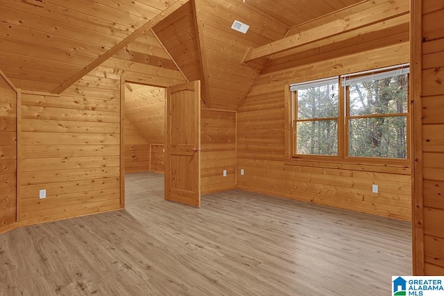 bonus room featuring wood walls, wooden ceiling, lofted ceiling, and wood-type flooring