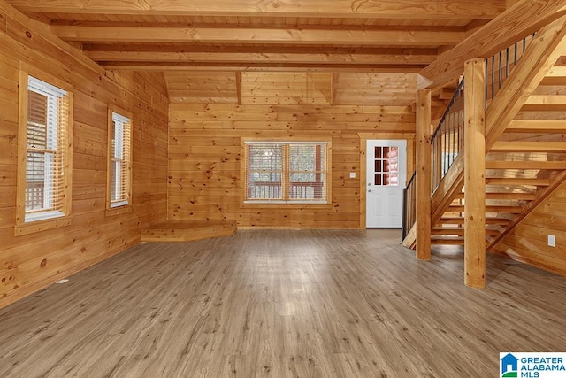 unfurnished living room with beamed ceiling, wood-type flooring, wood ceiling, and wooden walls