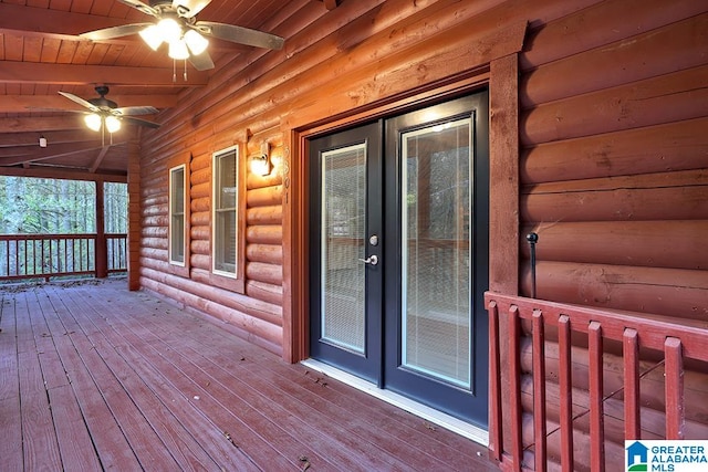 deck featuring ceiling fan and a porch