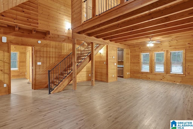 unfurnished living room with wood walls and hardwood / wood-style flooring