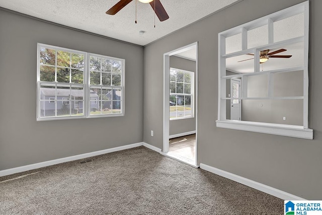 unfurnished room with carpet, a textured ceiling, and ceiling fan