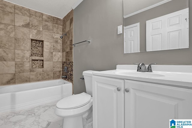 full bathroom with vanity, tiled shower / bath combo, toilet, ornamental molding, and a textured ceiling