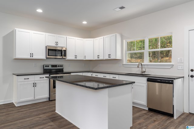 kitchen with a center island, sink, dark hardwood / wood-style flooring, white cabinets, and appliances with stainless steel finishes