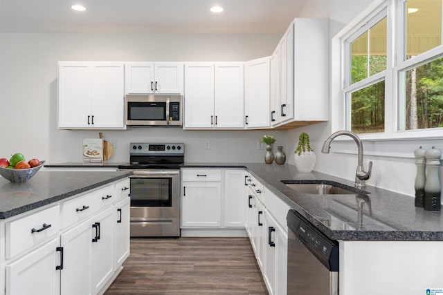 kitchen with dark hardwood / wood-style flooring, stainless steel appliances, white cabinetry, and sink