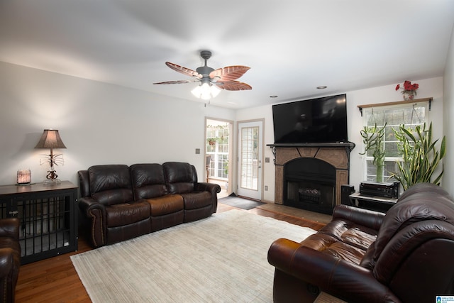 living room with ceiling fan and hardwood / wood-style flooring