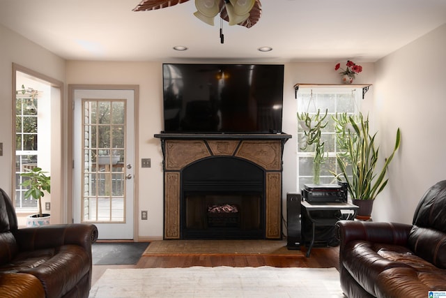 living room featuring ceiling fan and hardwood / wood-style floors