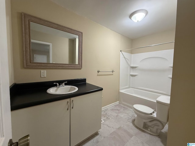 full bathroom featuring vanity, bathtub / shower combination, and toilet