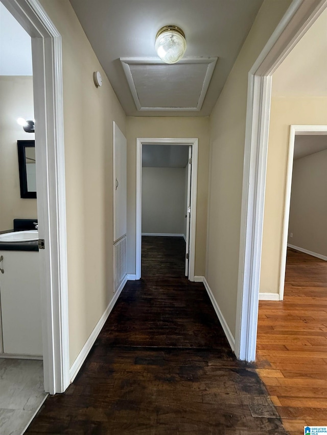 hallway featuring dark hardwood / wood-style flooring