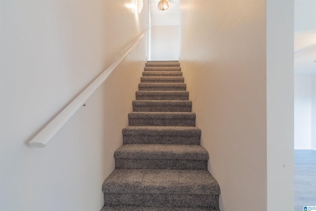 staircase with hardwood / wood-style flooring