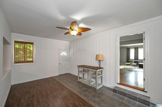 entrance foyer with dark hardwood / wood-style flooring and ceiling fan