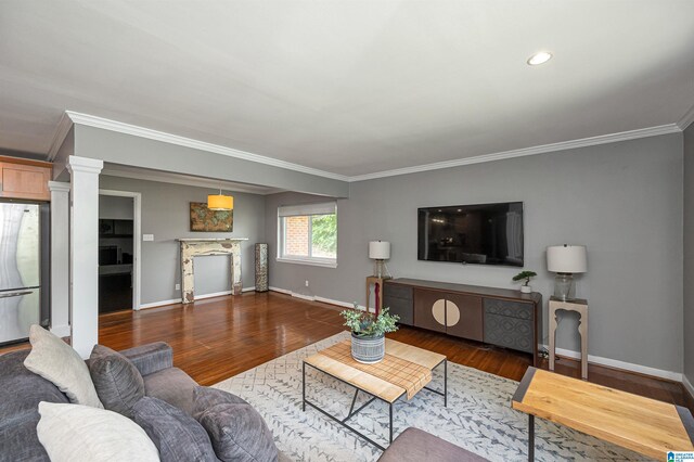 living room featuring crown molding and dark hardwood / wood-style floors