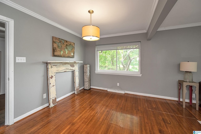 unfurnished living room featuring ornamental molding and dark wood-type flooring