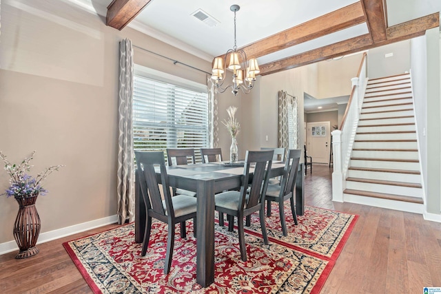 dining area with beam ceiling, a chandelier, and dark hardwood / wood-style floors