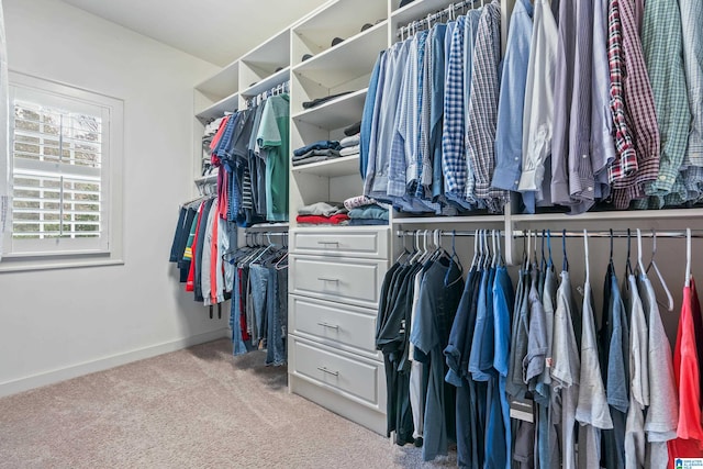 walk in closet with light colored carpet