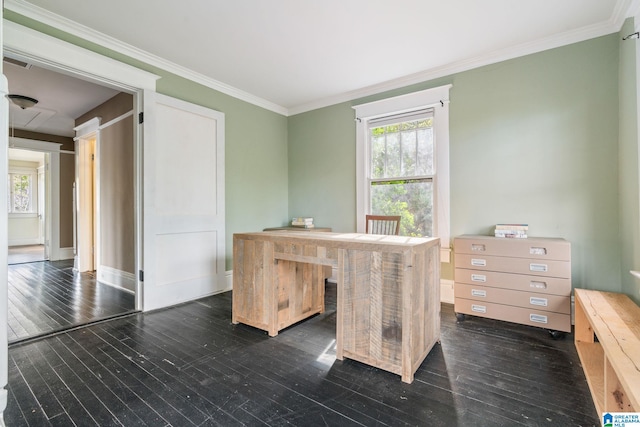 office with dark hardwood / wood-style flooring and crown molding