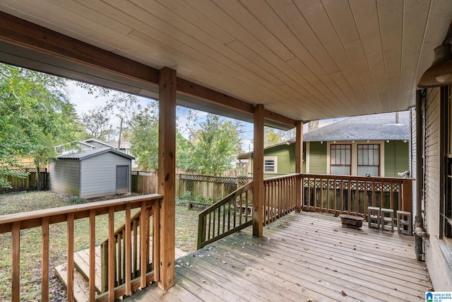 deck with a storage shed