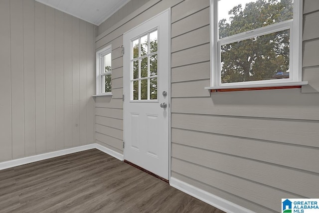 doorway to outside with wood walls and dark hardwood / wood-style flooring