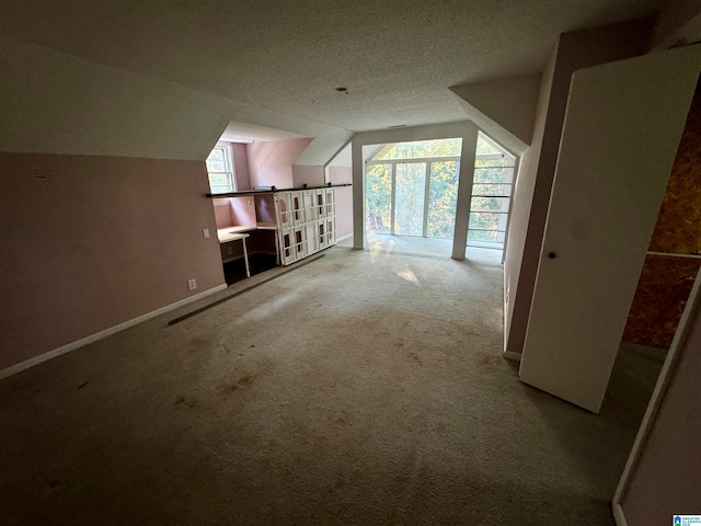 bonus room featuring carpet flooring, a textured ceiling, plenty of natural light, and lofted ceiling