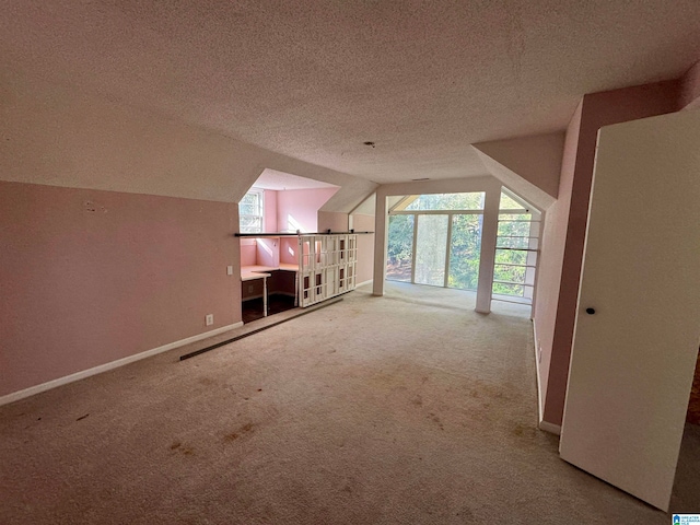 additional living space with carpet, a textured ceiling, and vaulted ceiling