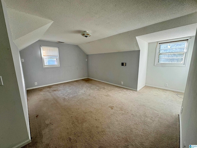 additional living space with light carpet, plenty of natural light, and lofted ceiling