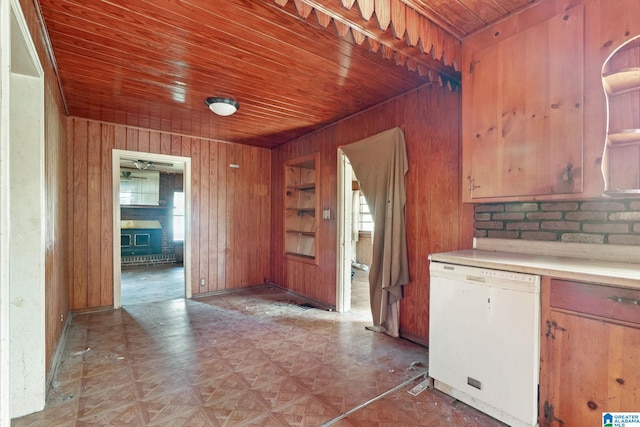 kitchen with wooden walls, dishwasher, and wooden ceiling