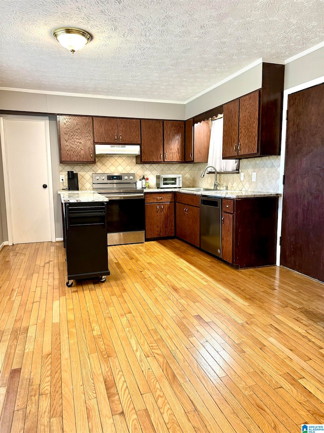 kitchen featuring dark brown cabinetry, light wood-type flooring, stainless steel appliances, and tasteful backsplash