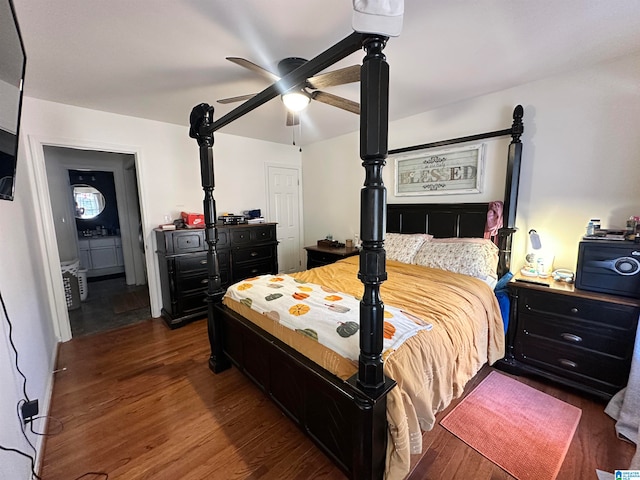 bedroom with ceiling fan and dark wood-type flooring