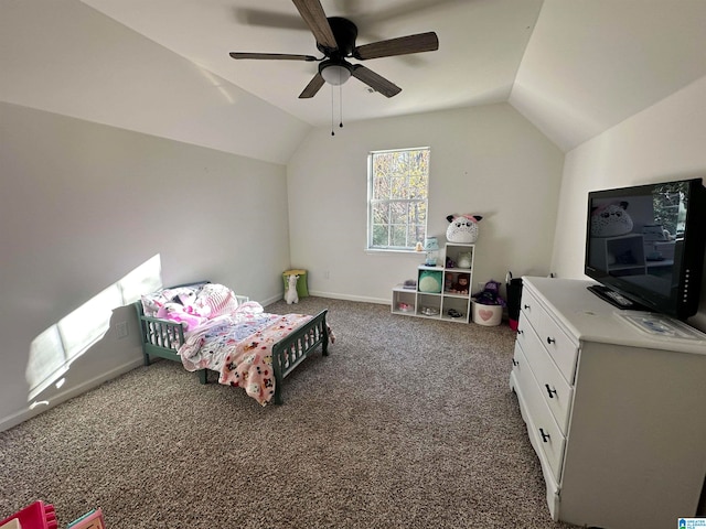 carpeted bedroom featuring vaulted ceiling and ceiling fan