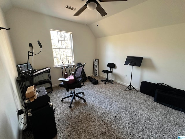 office with carpet floors, vaulted ceiling, and ceiling fan