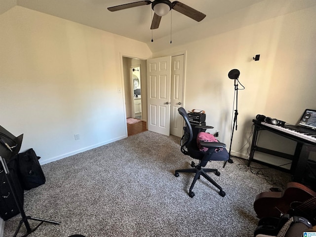 misc room with ceiling fan and carpet floors