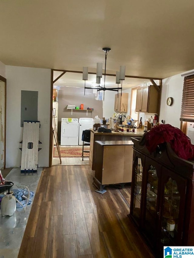 interior space featuring washer and dryer, electric panel, and dark hardwood / wood-style floors