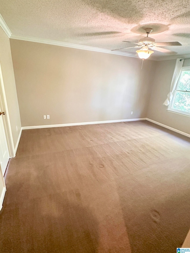 spare room featuring crown molding, carpet, a textured ceiling, and ceiling fan