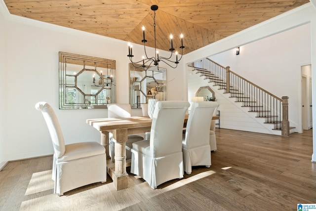 unfurnished dining area featuring hardwood / wood-style flooring, an inviting chandelier, ornamental molding, and wood ceiling