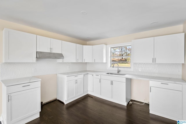 kitchen featuring white cabinetry, sink, light stone countertops, dark hardwood / wood-style floors, and decorative backsplash