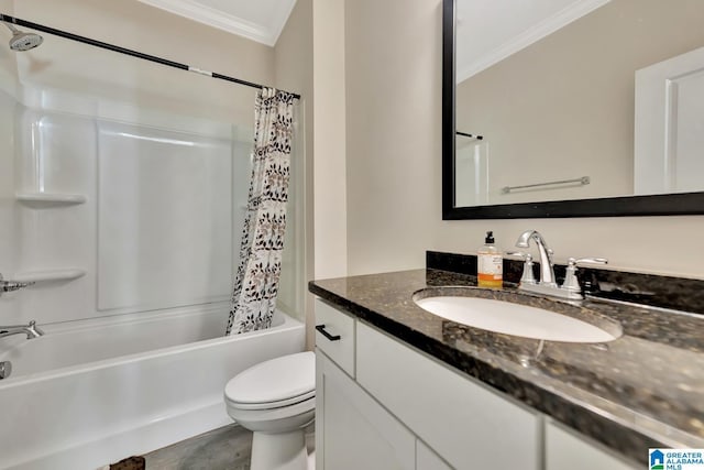 1114 Eagle Nest Cir, Birmingham, AL 35242 - bathroom with crown molding, vanity, toilet, and shower / bathtub combination with curtain