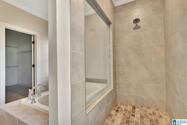 1114 Eagle Nest Cir, Birmingham, AL 35242 - bathroom with a bath, tiled shower, crown molding, and a walk in closet