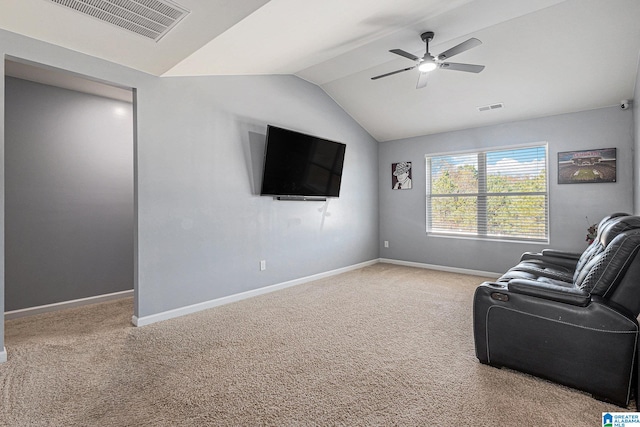 unfurnished living room with carpet flooring, ceiling fan, and lofted ceiling