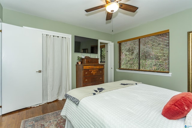 bedroom with ceiling fan and dark hardwood / wood-style flooring