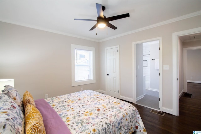 bedroom with dark hardwood / wood-style flooring, ceiling fan, and crown molding